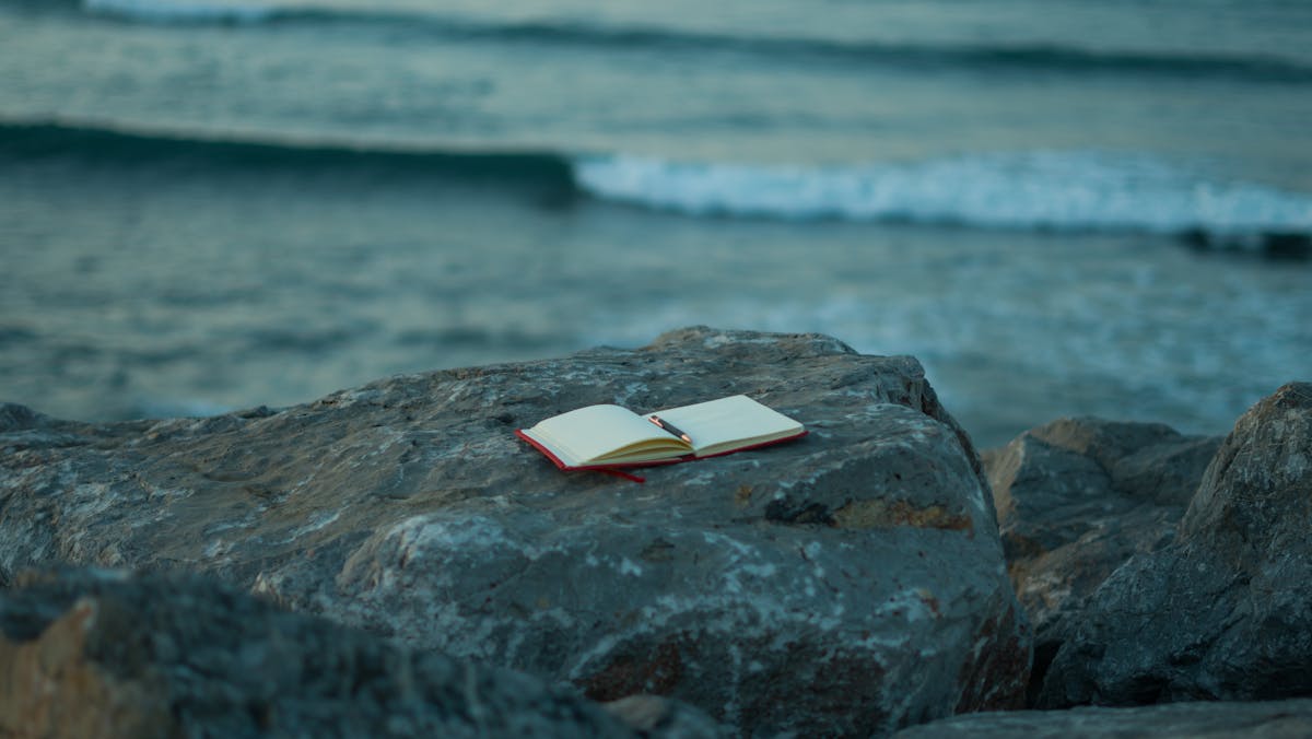An open notebook resting on rocks beside the sea — the simplest form of tracking, before any app.